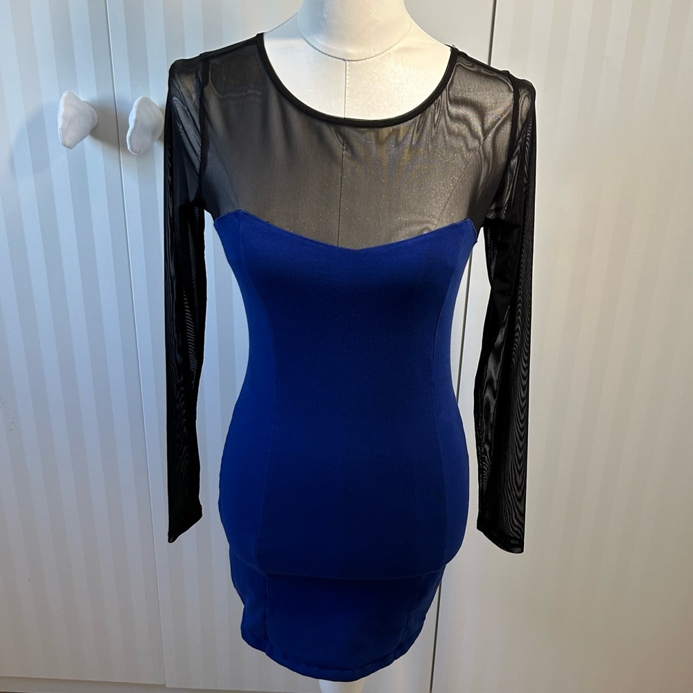 Forever 21 sheer black stretchy blue long sleeve dress Size M